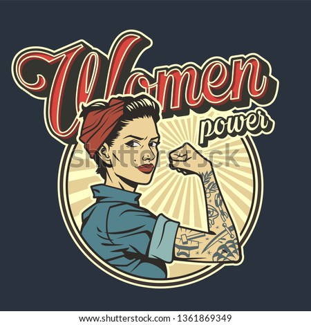 Vintage colorful woman power badge with beautiful strong girl in uniform with tattoo on arm isolated vector illustration