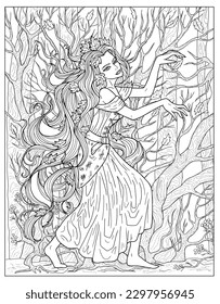 Vintage coloring page with beautiful vampire princess and gloomy autumn forest with creepy branches, black and white scary Halloween background illustration, line art with esoteric fantasy concept