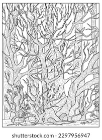 Vintage coloring page with gloomy autumn forest with creepy branches and cobweb, black and white scary Halloween background illustration, line art and sketch