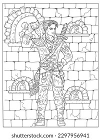 Vintage coloring page with handsome hunter or warrior against background of old medieval stone wall, black and white scary Halloween background illustration, line art with esoteric fantasy concept