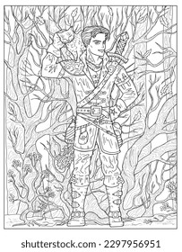 Vintage coloring page with handsome warlock hunter against background of gloomy autumn forest with creepy branches, black and white scary Halloween illustration, line art with fantasy concept