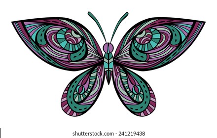 Vintage colors abstract butterfly. Illustration with retro colored insect, drawn in Art Nouveau style, like stained glass. Isolated design element. White background. Vector file is EPS8.