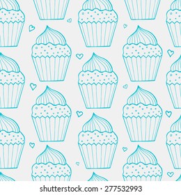Vintage colors muffins set. Hand drawing cupcakes with simplicity hearts.