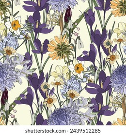 Vintage colors seamless spring pattern with colorful garden flowers background. Seamless pattern with spring plants. Exotic wallpaper.  Seamless pattern with purple ccrocuses.