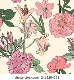 Vintage colors seamless spring pattern with colorful garden flowers background. Seamless pattern with spring plants. Exotic wallpaper.  Seamless pattern with purple ccrocuses.