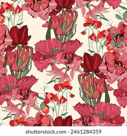 Vintage colors seamless spring pattern with colorful red garden flowers background. Seamless pattern with spring plants. Exotic wallpaper.  Seamless pattern with purple ccrocuses.