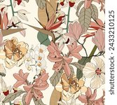 Vintage colors seamless tropical pattern with colorful garden flowers and orchids on white background. Seamless exotic pattern with tropical plants. Exotic wallpaper. 