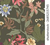 Vintage colors seamless tropical pattern with colorful garden flowers and orchids on dark background. Seamless exotic pattern with tropical plants. Exotic wallpaper.