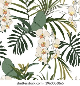 Vintage colors seamless tropical pattern with colorful leaves and orchids flowers on white background. Seamless exotic pattern with tropical plants. Exotic wallpaper. 