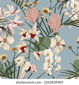 Vintage colors seamless tropical pattern with colorful garden flowers and orchids, magnolia on blue background. Seamless exotic pattern with tropical plants. Exotic wallpaper. 