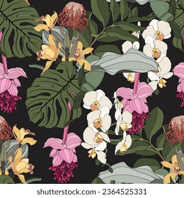 Vintage colors seamless tropical pattern with colorful exotic flowers and orchids on black background. Seamless exotic pattern with tropical plants. Exotic wallpaper. 