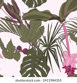 Colores vintage sin fisuras con un patrón tropical con flores coloridas y hojas sobre fondo blanco. Patrón exótico sin foco con plantas tropicales. Papel de pared exótico. 