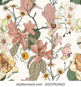 Vintage colors seamless tropical pattern with colorful garden flowers and orchids on white background. Seamless exotic pattern with tropical plants. Exotic wallpaper. 