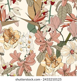 Vintage colors seamless tropical pattern with colorful garden flowers and orchids on white background. Seamless exotic pattern with tropical plants. Exotic wallpaper. 