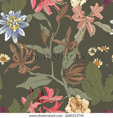 Vintage colors seamless tropical pattern with colorful garden flowers and orchids on dark background. Seamless exotic pattern with tropical plants. Exotic wallpaper.