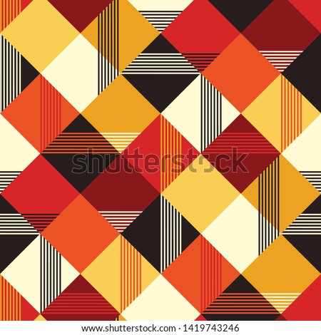 Vintage colors simple seamless pattern. Black and orange square repeatable motif. Simple striped rapport for background, surface design, textile, web and print. 