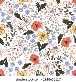 Vintage Farbe und handgezeichnet blühende Gartenblume , Botanisches Blatt , viele Blumen mit stylischen Polka-Punkten nahtlose Muster Vektor,Design für Mode , Stoff, Textilien,