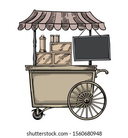 Vintage coloured street food cart with blackboard vector line art illustration