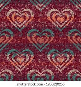 Vintage colourful seamless vector pattern with heart silhouettes. Intricate texture in blurry geometric IKAT style for wallpaper, interior textiles, decoration, fashion, gift and wrapping paper. 