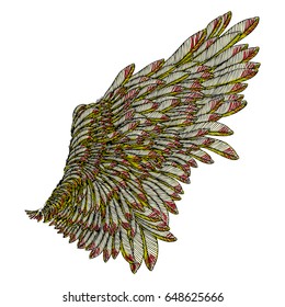 Vintage colourful wing isolated on white background. Design element for hipster tattoo or vintage body art concept, label, emblem, sign, brand mark, poster, print for t-shirt, smart phone. Vector.