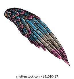 Vintage colourful wing isolated on white background. Design element for hipster tattoo or vintage body art concept, label, emblem, sign, brand mark, poster, print for t-shirt, smart phone. Vector.