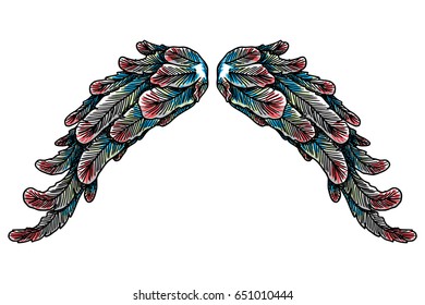 Vintage colourful wings isolated on white background. Design elements for hipster tattoo or vintage body art concept, label, emblem, sign, brand mark, poster, print for t-shirt, smart phone. Vector.