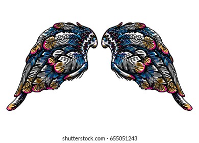 Vintage colourful wings isolated on white background. Design elements for hipster tattoo or vintage body art concept, label, emblem, sign, brand mark, poster, print for t-shirt, smart phone. Vector.