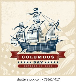 Vintage Columbus Day Label. Editable vector illustration in retro woodcut style with clipping mask.