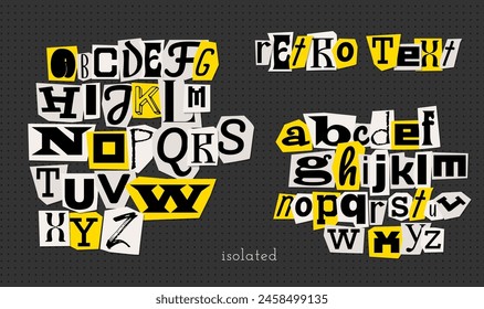 Vintage comic Alphabet in the style of anonymous messages. Letters cut out of a newspaper. Isolated Vector typographic illustration.