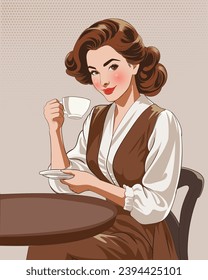 Vintage comic art style depicting a woman enjoying coffee behind a table