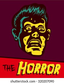 Vintage comic book illustration retro styled terrified man with terror stricken face expression staring at something ominous