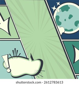 vintage comic book style background template with a speech bubble and earth