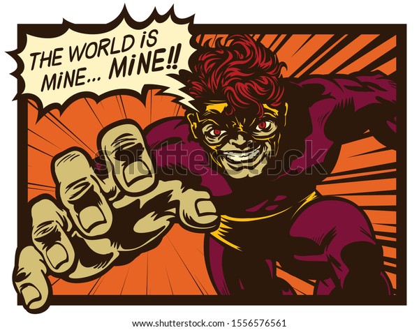 Vintage comic book super villain with speech\
bubble scheming evil plan to conquer and rule the world retro pop\
art comics vector\
illustration