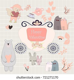 Vintage comic cartoon cute happy Valentine day card, couple animal cat kitten, rabbit bunny, teddy bear, sheep lamp cupid, pink grey pastel background seamless pattern vector, doodle art illustration