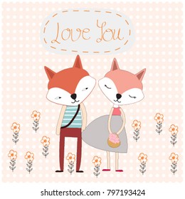 Vintage comic cartoon cute valentine couple animals cat kitty kitten or fox wolf on pink orange pastel polka dot background pattern vector,hand drawing doodle art illustration