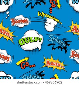 Vintage comic shout vector seamless pattern. Speech bubble with word and illustration of explosion