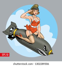 A vintage comic style sexy woman riding a bomb. Vector illustration.
