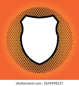 Icono de escudo de estilo de cómic de Antiguas sobre fondo de semitono naranja.
