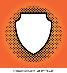 Icono de escudo de estilo de cómic de Antiguas sobre fondo de semitono naranja.
