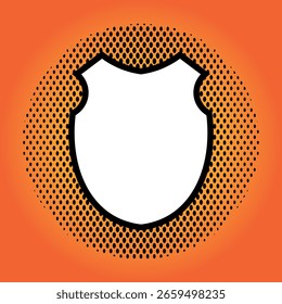 Icono de escudo de estilo de cómic de Antiguas sobre fondo de semitono naranja.
