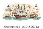 Vintage commercial business barque boat. Icon logo in flat vector illustration. 