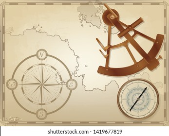 vintage compass and bronze sextant on the background of an old yellowed navigation map.