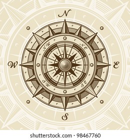 Vintage Compass. EPS8 Vector Illustration In Woodcut Style With Clipping Mask.
