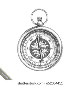 Vintage Compass hand drawing black and white clipart 