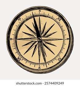 Vintage compass illustration with detailed compass rose. The compass features a classic design, highlighting the compass points in an antique style. Vintage art drawing, isolated vector element.