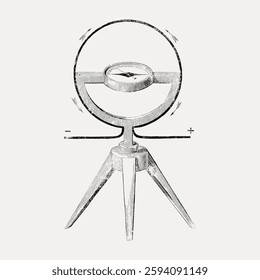 Vintage compass illustration with intricate design. Compass features detailed lines, compass rose, and tripod stand.