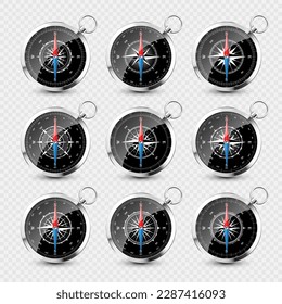 Vintage compass, marine wind rose with cardinal directions of North, East, South, West. Realistic silver navigational compass, shiny metal. Cartography and navigation. Vector illustration.
