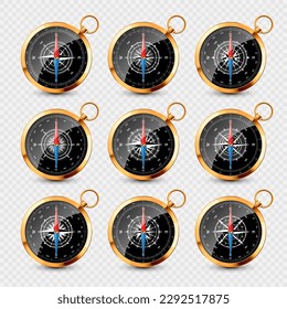Vintage compass, marine wind rose with cardinal directions of North, East, South, West. Realistic golden navigational compass, shiny metal. Cartography and navigation. Vector illustration