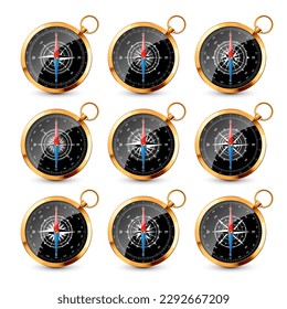 Vintage compass, marine wind rose with cardinal directions of North, East, South, West. Realistic golden navigational compass, shiny metal. Cartography and navigation. Vector illustration