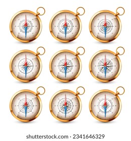 Vintage compass, marine wind rose with cardinal directions of North, East, South, West. Realistic golden navigational compass, shiny metal. Cartography and navigation. Vector illustration